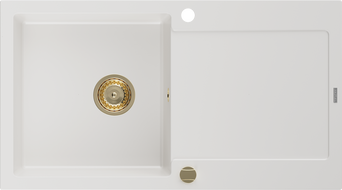 Mexen Leo fregadero de granito de 1 seno con escurridor 900 x 500 mm, blanco, sifón dorado - 6501901010-20-G