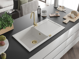Mexen Leo granieten gootsteen 1-komorige met afdruiprek 900 x 500 mm, wit, gouden sifon - 6501901010-20-G