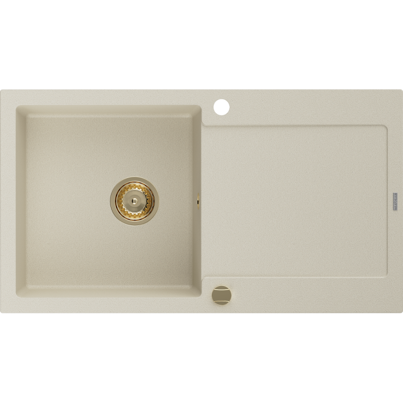 Mexen Leo granitdiskbänk 1-fack med avrinningsområde 900 x 500 mm, beige, guldig sifon - 6501901010-69-G