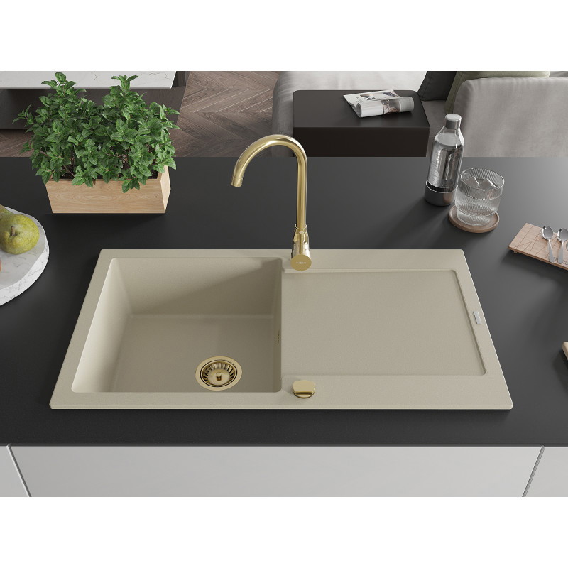 Mexen Leo fregadero de granito de 1 seno con escurridor 900 x 500 mm, beige, sifón dorado - 6501901010-69-G
