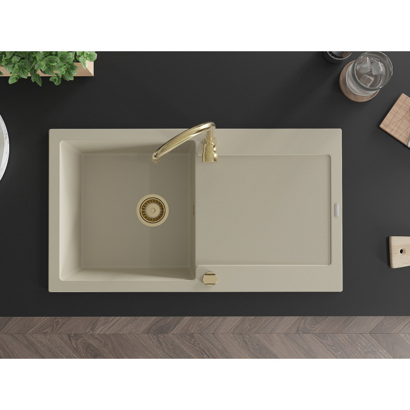 Mexen Leo évier en granit à 1 bac avec égouttoir 900 x 500 mm, beige, siphon doré - 6501901010-69-G