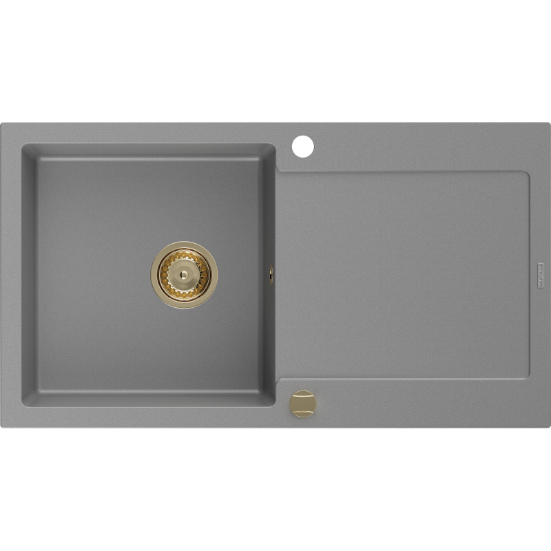Mexen Leo évier de cuisine en granit 1 bac avec égouttoir 900 x 500 mm, gris, siphon doré - 6501901010-71-G