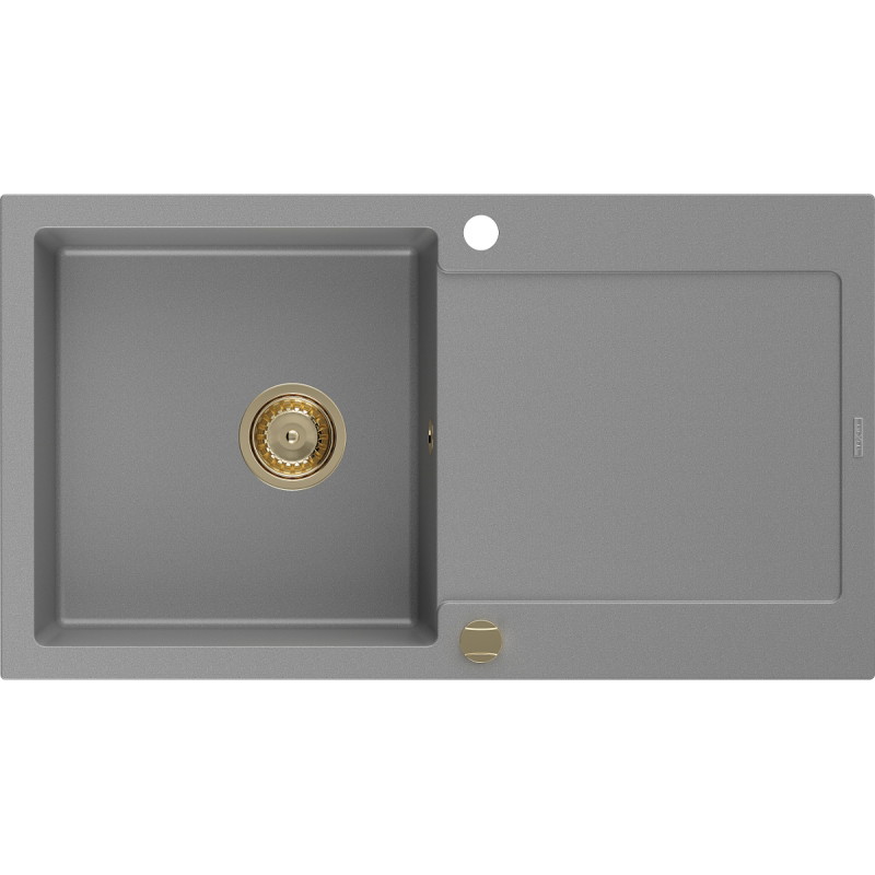Mexen Leo granit gootsteen met één bak en afdruiprek 900 x 500 mm, grijs, gouden sifon - 6501901010-71-G