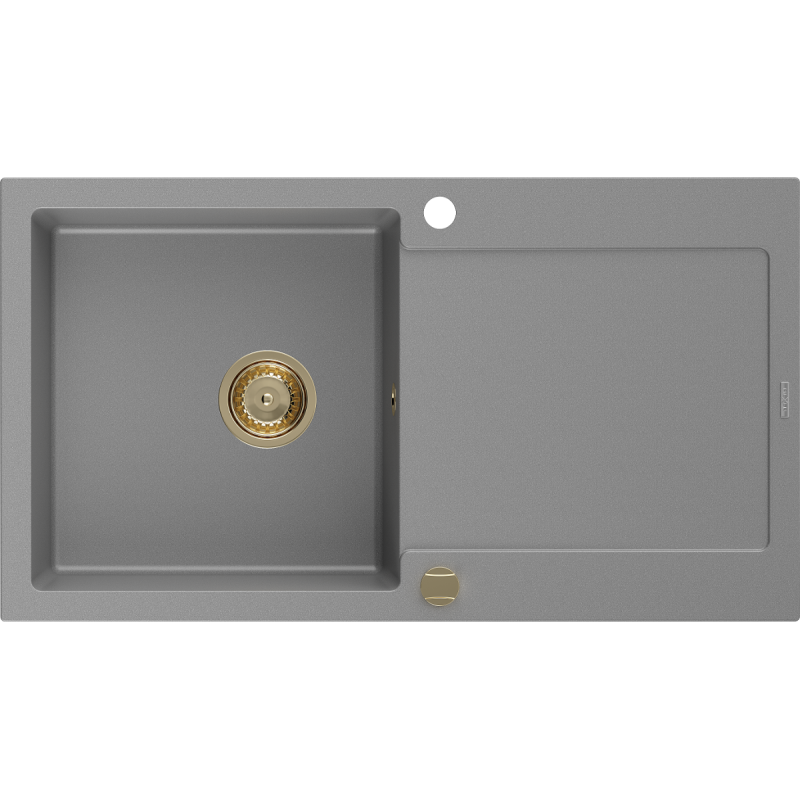 Mexen Leo granitisch aanrecht 1-komerig met afdruiprek 900 x 500 mm, grijs, gouden sifon - 6501901010-71-G