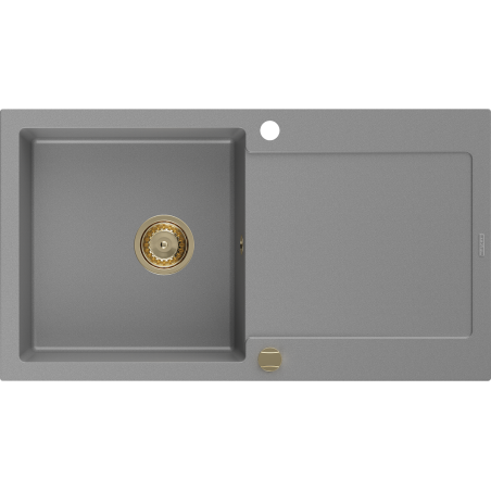 Mexen Leo évier de cuisine en granit 1 bac avec égouttoir 900 x 500 mm, gris, siphon doré - 6501901010-71-G