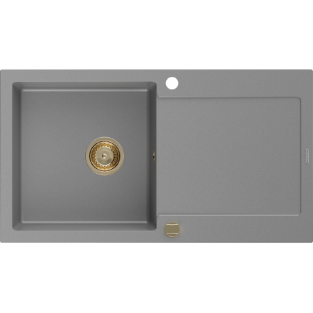 Mexen Leo fregadero de granito de 1 cubeta con escurridor 900 x 500 mm, gris, sifón dorado - 6501901010-71-G