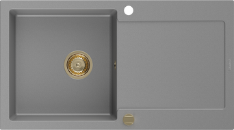 Mexen Leo lavello da cucina in granito 1-vasca con sgocciolatoio 900 x 500 mm, grigio, sifone dorato - 6501901010-71-G