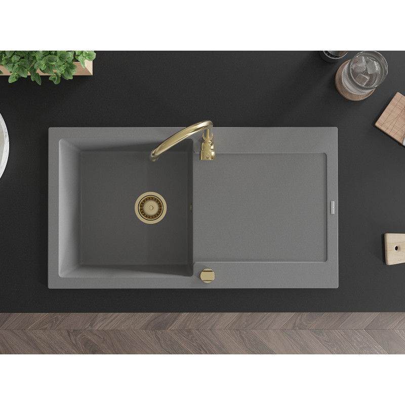 Mexen Leo Granitspüle, 1 Becken mit Abtropffläche, 900 x 500 mm, grau, goldener Siphon - 6501901010-71-G