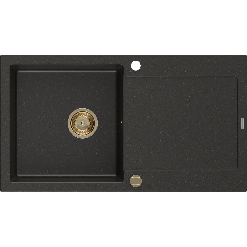 Mexen Leo granit wastafel 1-kompartement met afdruiprek 900 x 500 mm, zwart/goud metallic, gouden sifon - 6501901010-75-G