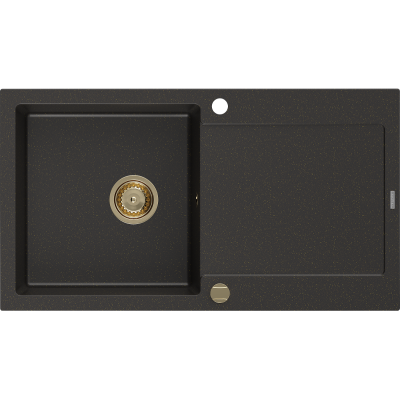 Mexen Leo Granitspüle 1-Becken mit Abtropffläche 900 x 500 mm, Schwarz/Gold Metallic, Goldener Siphon - 6501901010-75-G