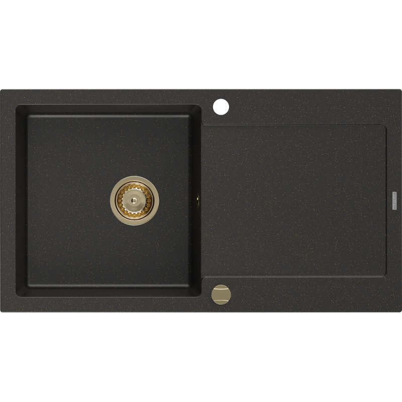 Mexen Leo lavello in granito a 1 vasca con scolapiatti 900 x 500 mm, nero/oro metallico, sifone oro - 6501901010-75-G