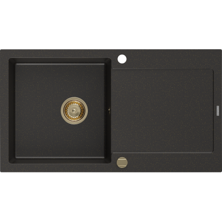 Mexen Leo granit wastafel 1-kompartement met afdruiprek 900 x 500 mm, zwart/goud metallic, gouden sifon - 6501901010-75-G