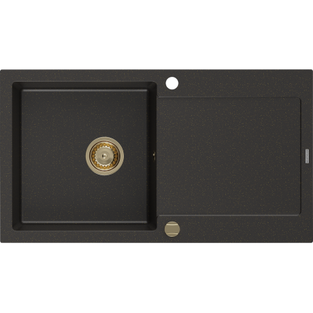 Mexen Leo Granitspüle 1-beckig mit Abtropffläche 900 x 500 mm, schwarz/gold-metallic, goldener Siphon - 6501901010-75-G