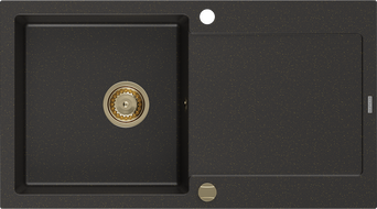 Mexen Leo Granitspüle 1-Becken mit Abtropffläche 900 x 500 mm, Schwarz/Gold Metallic, Goldener Siphon - 6501901010-75-G