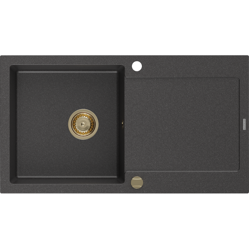 Mexen Leo Granitspüle, 1-becken mit Abtropffläche, 900 x 500 mm, schwarz gesprenkelt, goldener Siphon - 6501901010-76-G