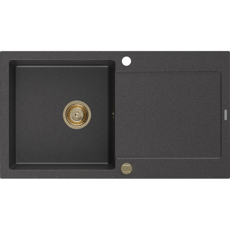 Mexen Leo lavello in granito a 1 vasca con sgocciolatoio 900 x 500 mm, nero maculato, sifone dorato - 6501901010-76-G