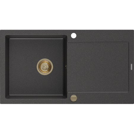 Mexen Leo Granitspüle, 1-becken mit Abtropffläche, 900 x 500 mm, schwarz gesprenkelt, goldener Siphon - 6501901010-76-G