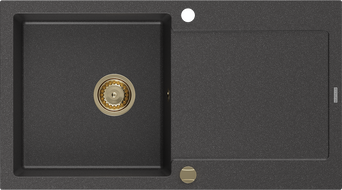 Mexen Leo fregadero de granito de 1 cubeta con escurridor 900 x 500 mm, negro moteado, sifón dorado - 6501901010-76-G