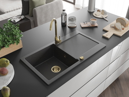 Mexen Leo Granitspüle, 1-becken mit Abtropffläche, 900 x 500 mm, schwarz gesprenkelt, goldener Siphon - 6501901010-76-G