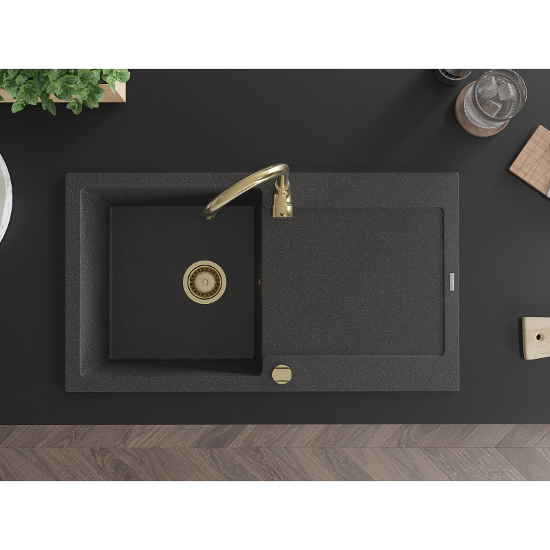 Mexen Leo fregadero de granito de 1 seno con escurridor 900 x 500 mm, negro moteado, sifón dorado - 6501901010-76-G