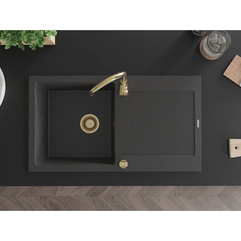 Mexen Leo lava-loiça de granito de 1 cuba com escorredor 900 x 500 mm, preto salpicado, sifão dourado - 6501901010-76-G