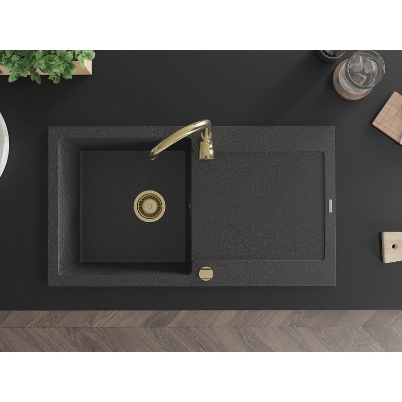 Mexen Leo lavello da cucina in granito singolo con scolapiatti 900 x 500 mm, nero puntinato, sifone dorato - 6501901010-76-G