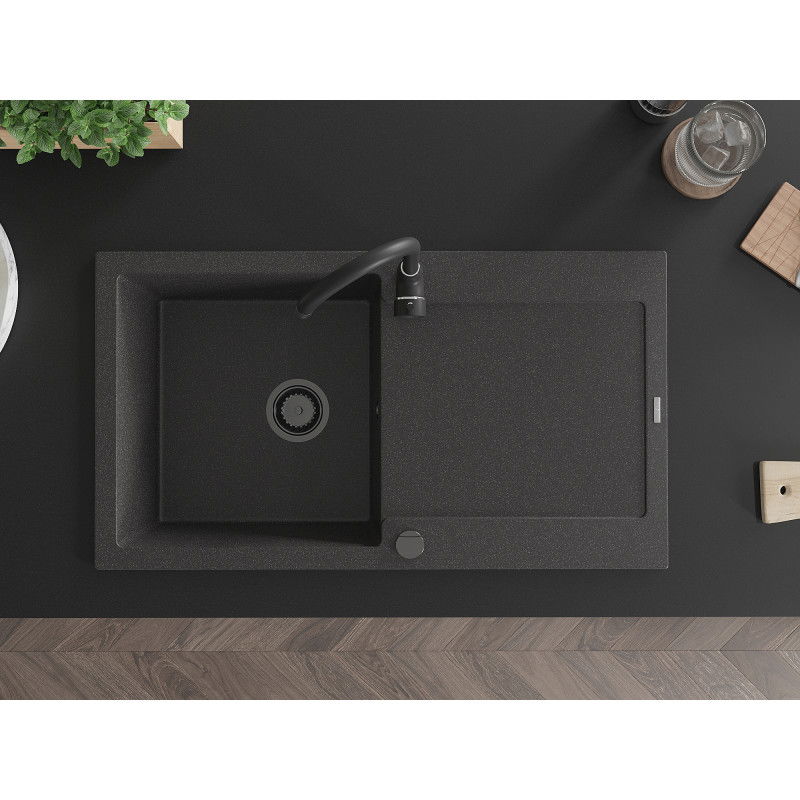 Mexen Leo fregadero de granito de 1 seno con escurridor 900 x 500 mm, negro moteado, sifón negro - 6501901010-76-B