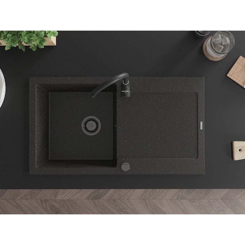 Mexen Leo fregadero de granito de 1 tazón con escurridor 900 x 500 mm, negro/oro metálico, sifón negro - 6501901010-75-B