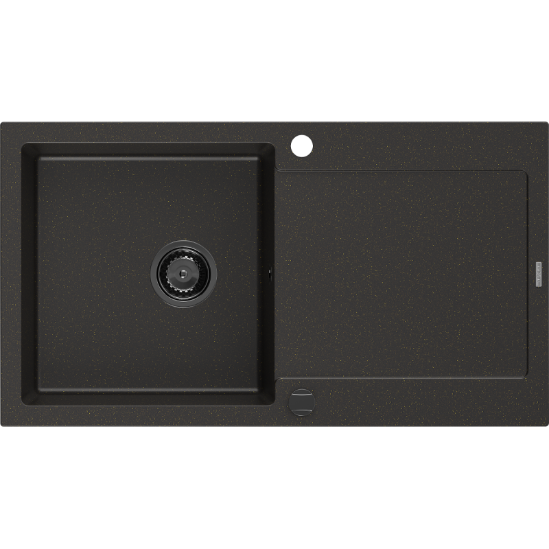 Mexen Leo évier en granit 1 bac avec égouttoir 900 x 500 mm, noir/doré métallisé, siphon noir - 6501901010-75-B