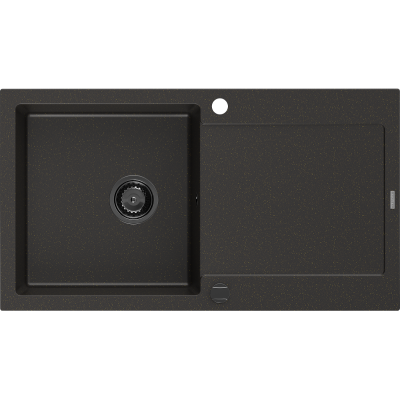 Mexen Leo fregadero de granito de 1 tazón con escurridor 900 x 500 mm, negro/oro metálico, sifón negro - 6501901010-75-B