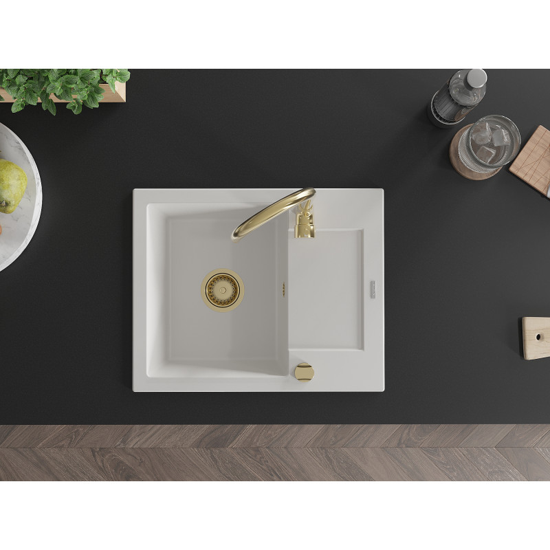 Mexen Enzo évier de cuisine en granit 1 bac avec égouttoir 576 x 465 mm, blanc, siphon doré - 6506571005-20-G