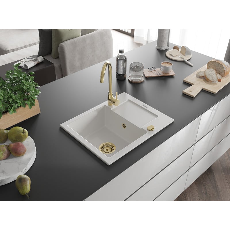 Mexen Enzo Einbauwaschbecken aus Granit, 1-becken mit Abtropffläche 576 x 465 mm, weiß, Siphon gold - 6506571005-20-G