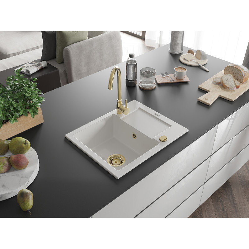 Mexen Enzo évier de cuisine en granit 1 bac avec égouttoir 576 x 465 mm, blanc, siphon doré - 6506571005-20-G