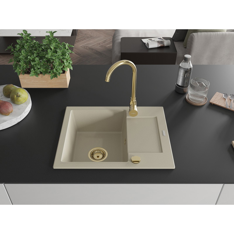 Mexen Enzo évier de cuisine en granit 1 bac avec égouttoir 576 x 465 mm, beige, siphon doré - 6506571005-69-G