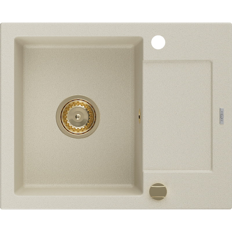 Mexen Enzo 1-kompartment granieten gootsteen met afdruiprek 576 x 465 mm, beige, gouden sifon - 6506571005-69-G