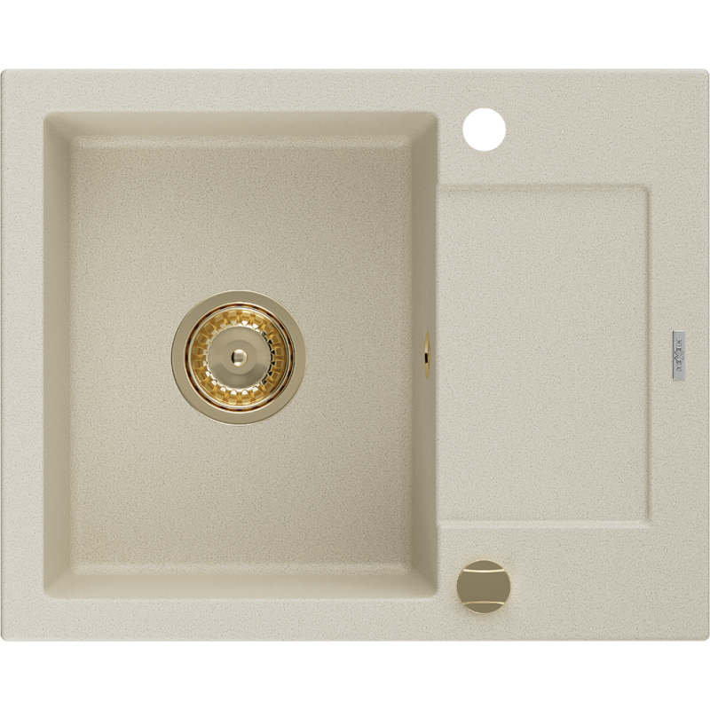 Mexen Enzo fregadero de cocina de granito 1 cubeta con escurridor 576 x 465 mm, beige, sifón dorado - 6506571005-69-G