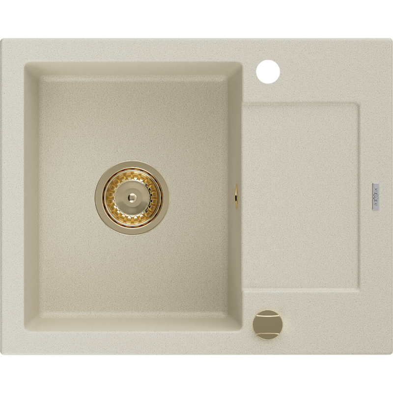 Mexen Enzo Granitspüle 1-Becken mit Abtropffläche 576 x 465 mm, beige, goldener Siphon - 6506571005-69-G
