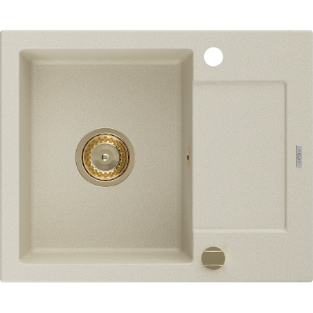 Mexen Enzo évier en granit 1 bac avec égouttoir 576 x 465 mm, beige, siphon doré - 6506571005-69-G