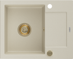 Mexen Enzo Granitspüle 1-Becken mit Abtropffläche 576 x 465 mm, beige, goldener Siphon - 6506571005-69-G