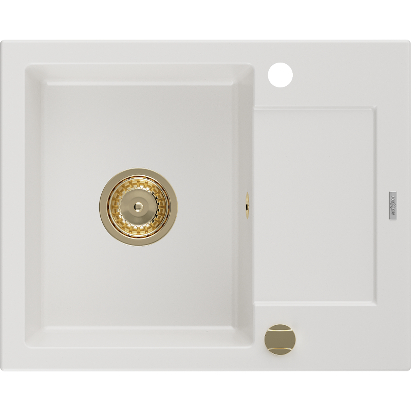Mexen Enzo lava-loiça de granito 1-cuba com escorredor 576 x 465 mm, branco, sifão dourado - 6506571005-20-G