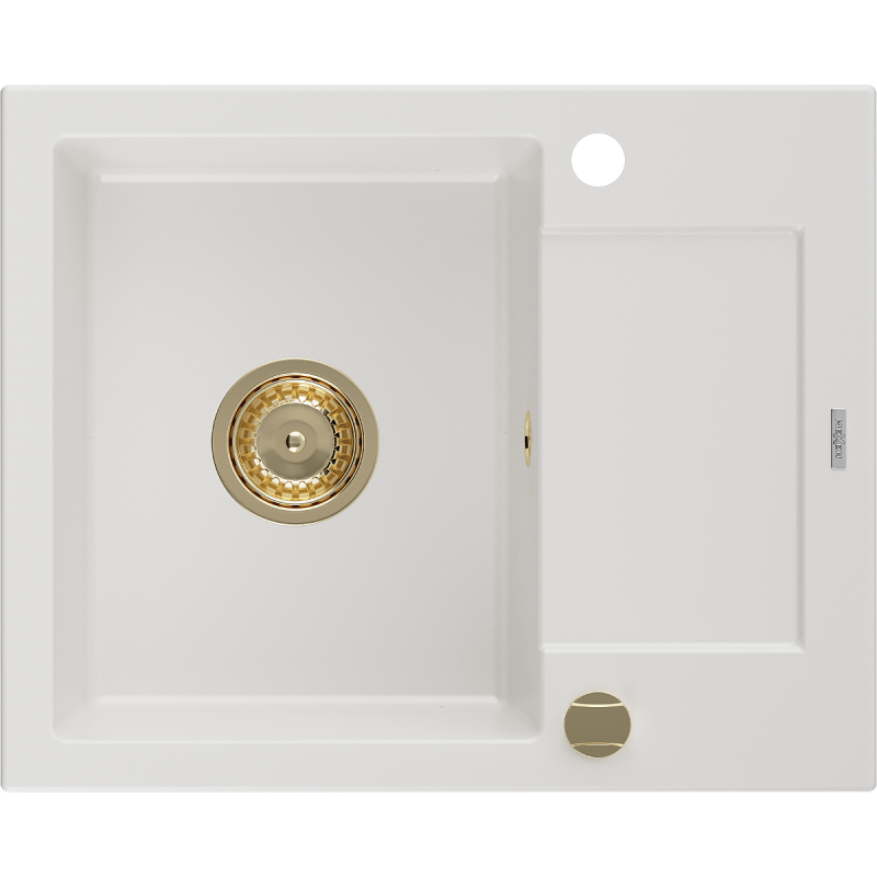 Mexen Enzo lavello in granito a 1 vasca con sgocciolatoio 576 x 465 mm, bianco, sifone dorato - 6506571005-20-G