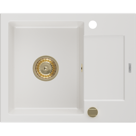 Mexen Enzo granitdiskbänk med en skål och avrinning 576 x 465 mm, vit, guldsifon - 6506571005-20-G