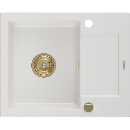 Mexen Enzo lava-loiça de granito 1-cuba com escorredor 576 x 465 mm, branco, sifão dourado - 6506571005-20-G