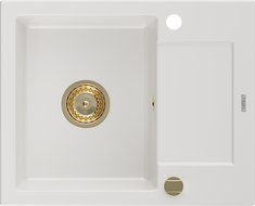 Mexen Enzo lava-loiça de granito 1-cuba com escorredor 576 x 465 mm, branco, sifão dourado - 6506571005-20-G