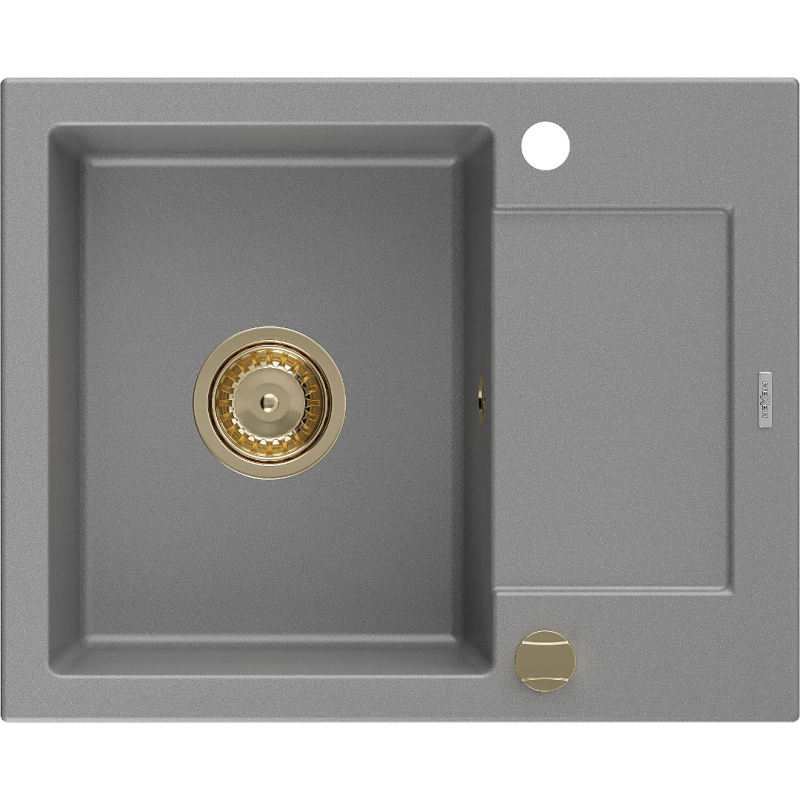 Mexen Enzo granieten gootsteen 1-komors met afdruiprek 576 x 465 mm, grijs, gouden sifon - 6506571005-71-G