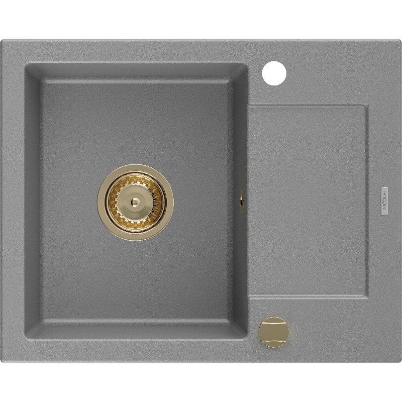Mexen Enzo granitische spoelbak met 1 bak en afdruipgedeelte 576 x 465 mm, grijs, gouden sifon - 6506571005-71-G