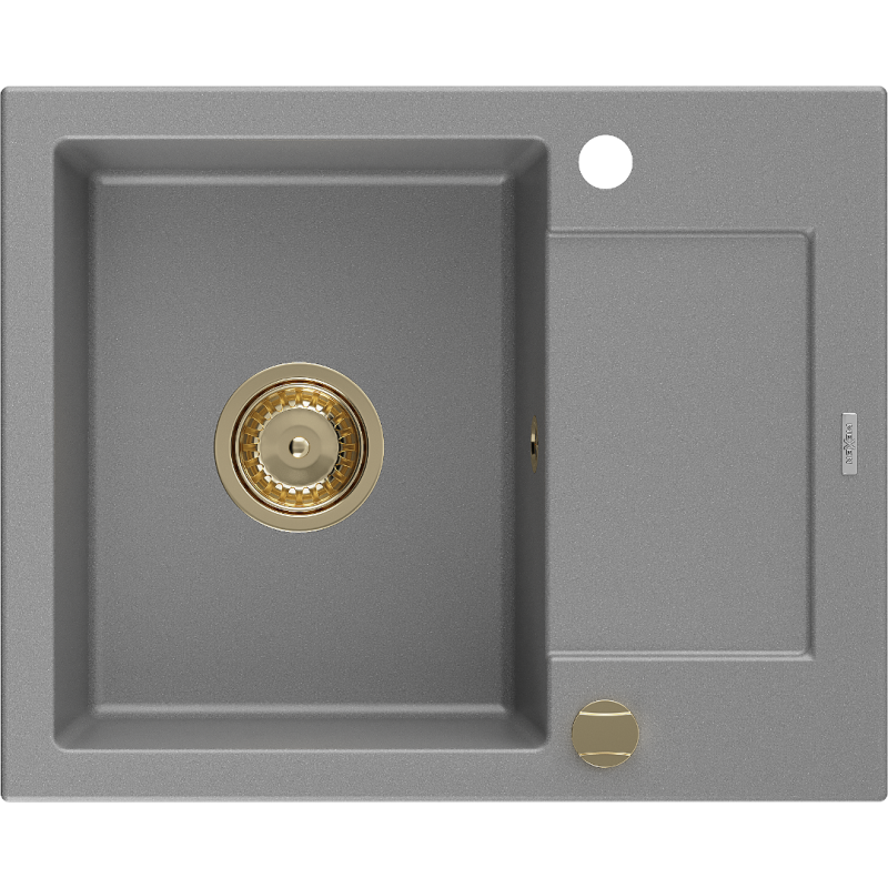 Mexen Enzo Granitspüle 1-beckig mit Abtropffläche 576 x 465 mm, grau, Siphon gold - 6506571005-71-G