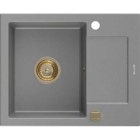 Mexen Enzo granite sink single bowl with drainer 576 x 465 mm, grey, golden siphon - 6506571005-71-G