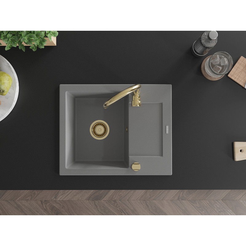 Mexen Enzo lava-loiça de granito de uma bacia com escorredor 576 x 465 mm, cinza, sifão dourado - 6506571005-71-G