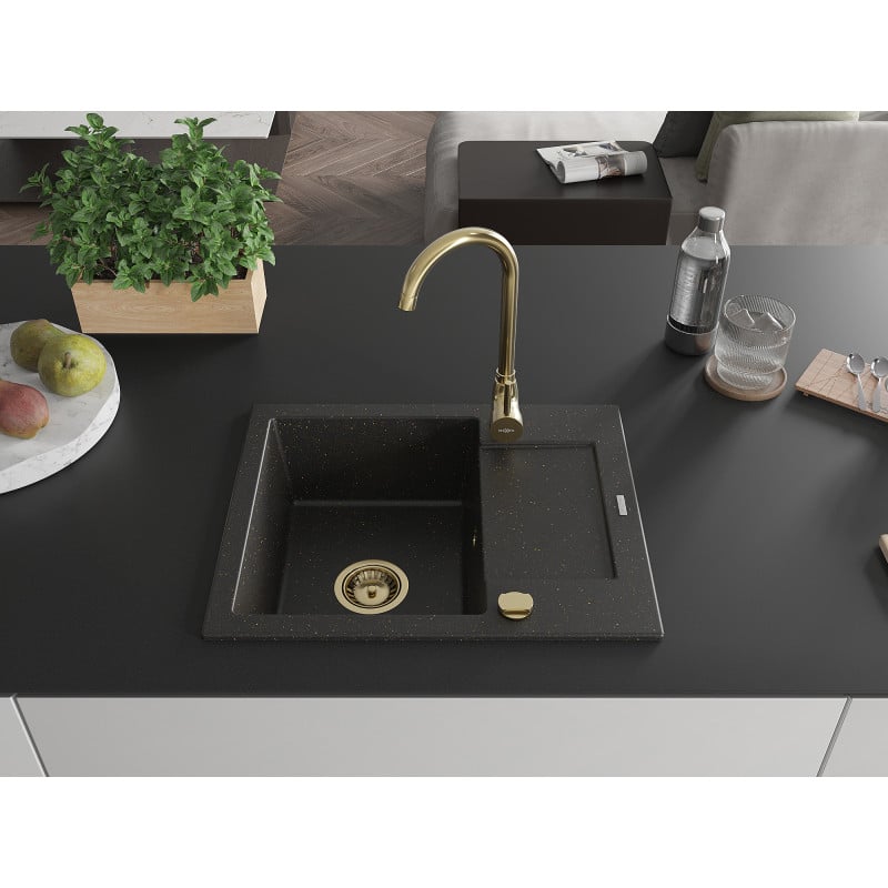 Mexen Enzo granite sink 1-bowl with drainer 576 x 465 mm, black/gold metallic, gold siphon - 6506571005-75-G